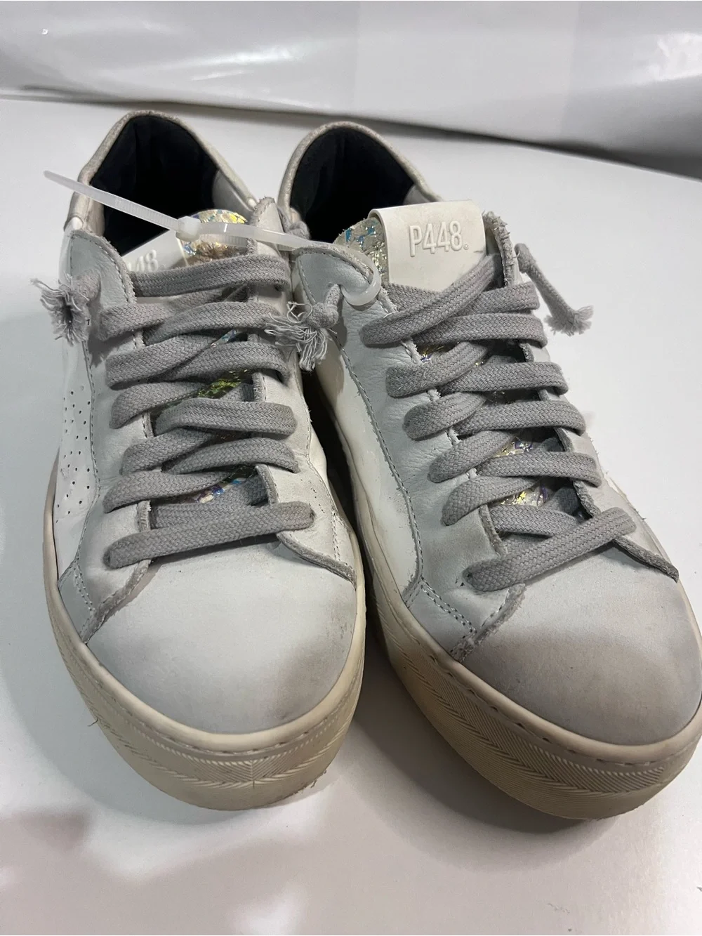 P448 John White Leather Low Top Sneakers Holographic Details Made In Italy